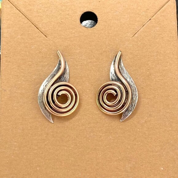 Artisan Textured Sterling Silver 925 Copper Mixed Metal Spiral Stud Earrings - Picture 11 of 16